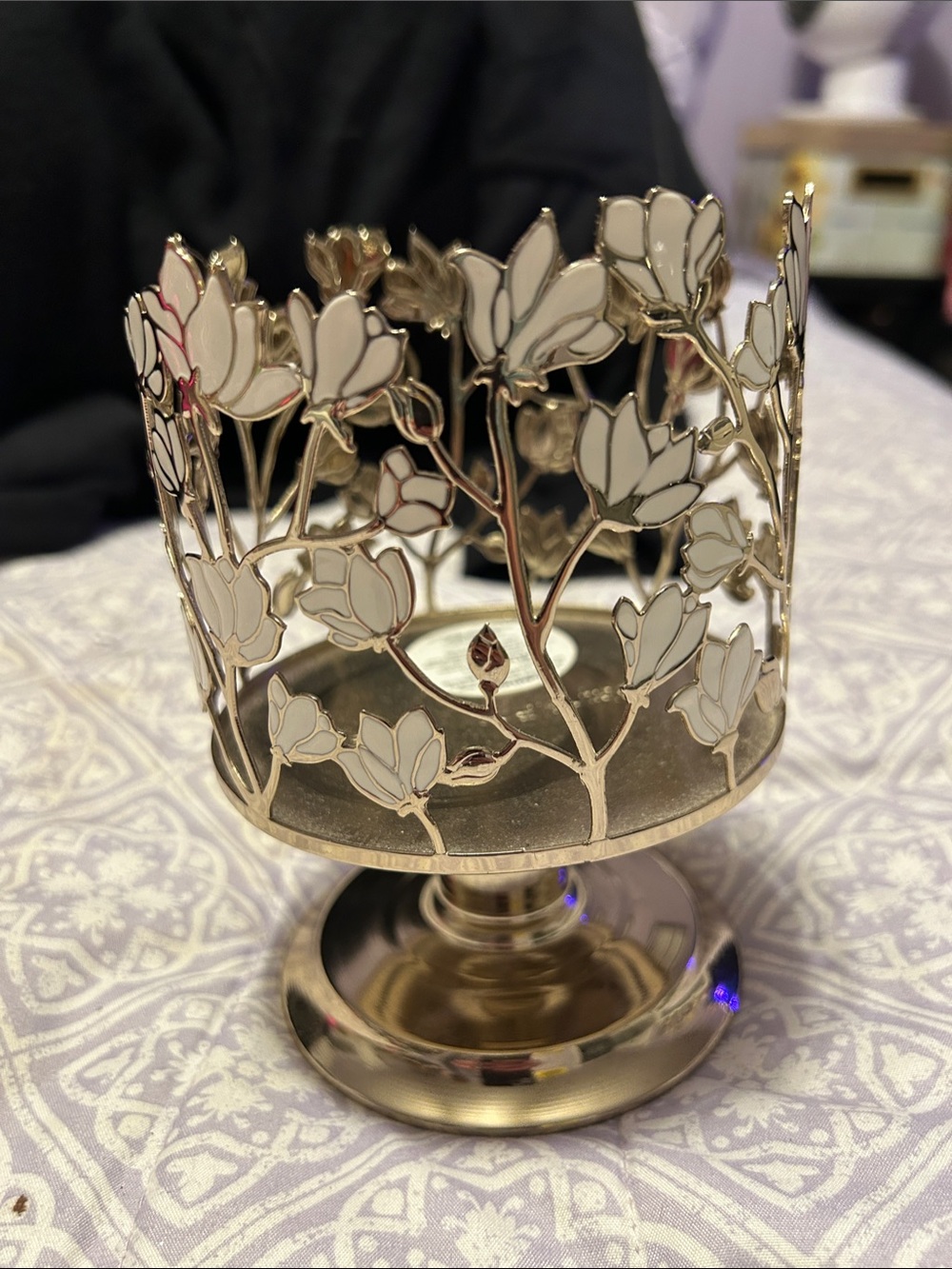 Bath & Body Works Gold and White Floral Metal Candle Holder